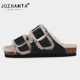 Slippers JOZHAMTA Size 35-42 Real Leather Women'S Slippers Summer Soft Cork Buckle Flip Flops Women Beach Casual Woman Shoes 231130