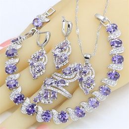 Dubai Jewelry Sets for Women Wedding Purple Amethyst Necklace Pendant Earrings Ring Bracelet Gift Box 220725230F