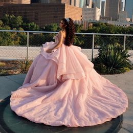 Pink Shiny Sweetheart Quinceanera Dress Ball Gown Off The Shoulder Beading Crystal Pageant Sweet 16 Party Wear vestidos de 15