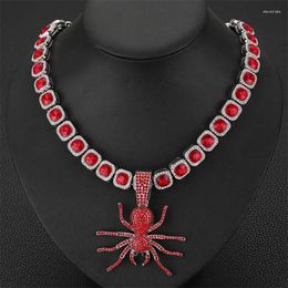 Pendant Necklaces Hip Hop Red Spider With Iced Out 12.5mm Width Ruby Square Chain Necklace Fashion Charm Kpop Choker Wedding Jewelry