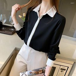 Women's Blouses Black And White Collision Design Sense Long-sleeved Chiffon Shirt Slim Thin OL Career Bottoming Female