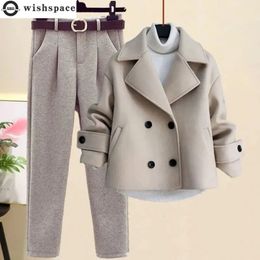 Womens Two Piece Pants autumn and winter wool suit jacket long sleeved knitted sweater casual mens three piece set elegant womens pants 231201