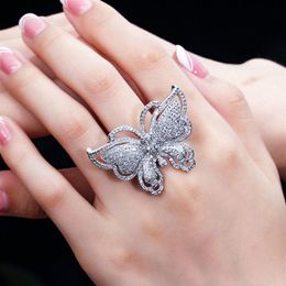 Luxury Exquisite Butterfly Rings AAA Cubic Zirconia Copper Designer Jewelry For Women Party Middle Eastern Rose Gold Silver White 262g