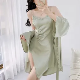 Women's Sleepwear Bathrobe Gown Set Women Robe Nightgown Underwear Summer Twinset Faux Silk Kimono Lace Homedress Lingerie