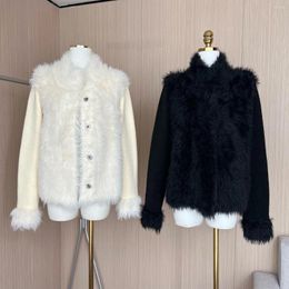 Women's Fur Reversible Patchwork Faux Knitted Jacket For Women Autumn Winter Thick Warm Long Sleeve Fuzzy Single Breasted Outwear