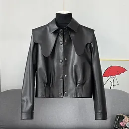 Women's Leather Spring Autumn Jacket Women 2024 Short Outwear Female Fashion Navy Collar Single-Breasted Coat