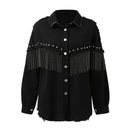 Women's Jackets Tassels Button-Up Streetwear Jean Jacket For Women Casual Denim Outerwears Chic Winter Fringed Coat Tops Single Breasted Top