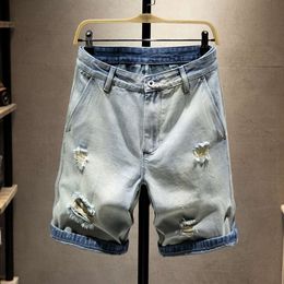 Ripped Denim Jeans Loose Straight Cut Retro Blue Male Hip Hop With Holes Men Summer Shorts Distressed Big Size