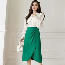 Skirts Elegant Knee-Length Skirt For Women 2023 Summer High Waist Korean Fashion Fold Solid Office Work Basic Pencil Female P445