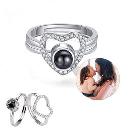 Wedding Rings Dascusto Heart Ring Personalised Projection Po Custom Couples Picture Jewellery 2Pc Adjustable For Women 231130