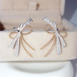 Sweet Cut Brand Luxury Jewelry 925 Sterling Silver Pave White Sapphire CZ Diamond Gemstones Party Women Wedding Bow Stud Earring F219S