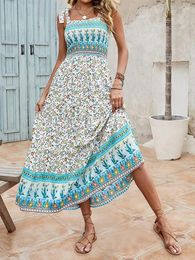 Casual Dresses Floral Print Sleeveless Maxi Dress Women 2023 Summer Lace Up Loose Fit Beach Wear Pleated Ruffle Strapless Bohemian