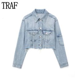 Women's Jackets TRAF Cropped Denim Jacket Women Blue Jean Jackets for Women Long Sleeve Bomber Jacket Woman Streetwear Ripped Jackets Coats 231130