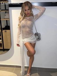 Casual Dresses Long Sleeve Sexy Mesh See Through Mini Dress Women Autumn Party Club Bodycon Short 2023 Fall Steetwear Vestidos White