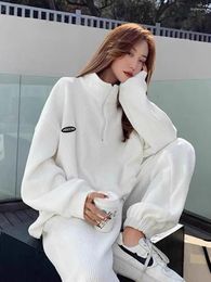 Women's Two Piece Pants Spring Half High Collar Pullover Sweatshirts Waist Loose Wide Leg Suit 2024 Autumn Female Jogger Set