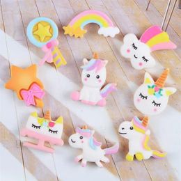 50Pcs lots Cute Unicorn Components Crafts Rainbow Cartoon Flatback Planar Resin Bow Materials DIY Arts Crafts Sticker Accessories 243b