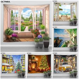 Tapestries Imitation Window Landscape Tapestry Wall Hanging Park Flower Tree Ocean Printing Art Home Decor Christmas Scenery Wall Tapestry 231201