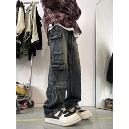 Men s Jeans Patchwork Blue Cargo Unisex Straight Casual Trousers Men Muti pockets Hip Hop Streetwear 90s Vintage Fashion Pants 231201