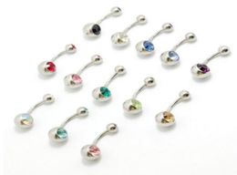 100pcs mix color Steel Crystal Rhinestone double gem Belly Button Navel Bar Ring Piercing fashion body jewelry2196421