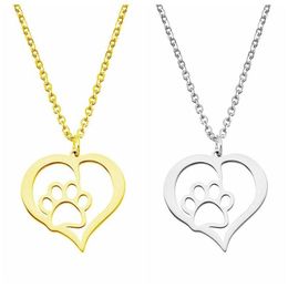 Women Stainless Steel Necklace Dog Paw Love Heart Design Hollow Choker Pendant Necklaces Silver Gold Color Fashion Engagement Jewe157d