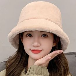 Wide Brim Hats Bucket Hats Solid Colour Bucket Hats Women Lamb Wool Faux Fur Fisherman Hats Girls Outdoor Winter Warm Bowl Caps Buckets Sun Caps Panama 231201