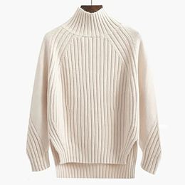 Women's Sweater Warm Sweater Loose Stripes Pullover Mock Neck Solid Knit Split Jumpers Casual Office Autumn Winter 231201