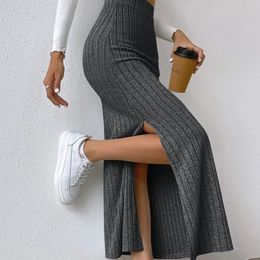 Skirts Spring Autumn Casual Women High Waist Skirt Sexy Knitted Side Slit Elegant Solid Office Long For Fashion 2023 231130