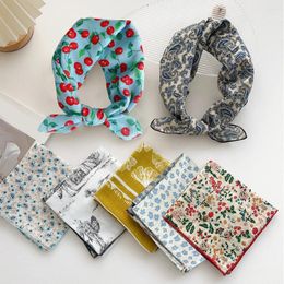 Scarves 55cm Floral Print Cotton Linen Small Square Scarf Women Flower Head Neck Hair Girl 2023 Fashion Neckerchief