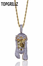 TOPGRILLZ Gold Color Plated Iecd Out HipHop Micro Pave CZ Stone Pharaoh Head Pendant Necklace With 60cm Rope Chain4847495