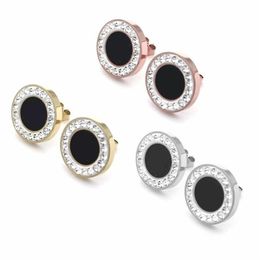 Top Quality Classic Design Black Drop Oil Love Studs CZ Stone 3 Colors Gold Plated Stainless Steel Earrings Fashion Hip Hop Hoops 293I