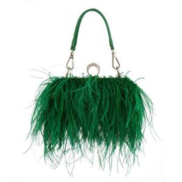 Luxury Ostrich Feather Evening Bags For Women 2022 Chain Shoulder Crossbody Bag Tassel Party Clutch Purse Green Wedding Handbags L266e