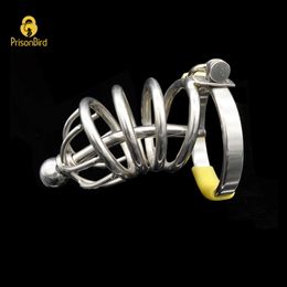 New Chaste Bird New!Stainless Steel Male Chastity Device with Catheter Cock Cage Virginity Lock Penis Ring Penis Lock Cock Ring A008