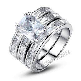 Lady's Fashion Engagement Wedding Jewellery 10KT White gold filled Square Simulated Diamond CZ Gemstone Rings Set for Women 3 i2093