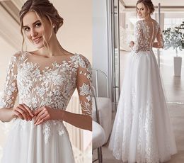 2024 Elegante abito da sposa a-line Scoop Collo trasparente Mezze maniche Applicazioni in pizzo Tulle Abiti da sposa convenzionali Abiti su misura Abiti da sposa Mariage