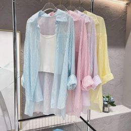 Women's Blouses Summer Starry Sky Drilling Striped Chiffon Thin Diamonds Beaded Ice Blue Shirts Crystal Sequined Cardigan Tops Blusa