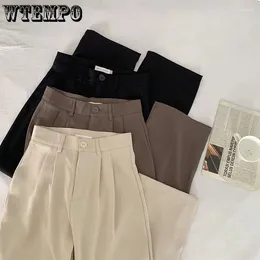 Women's Pants Korean High Waist Women Suit Fall Straight Office Ladies Fashion Trouser Casual Button Loose Female Black