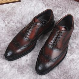 Dress Shoes Mens Oxford Genuine Leather Handmade Classic Lace-Up Solid Brogue Office Business Wedding Formal For Men