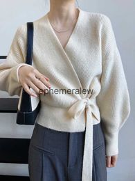 Women's Sweaters Knitted Cardigan Women Sweater V-Ne Lace-up Irregular Cloes Fashion Autumn Winter 2023 Casual Korean c Designerephemeralew