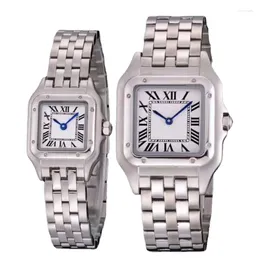 Wristwatches 2023 Men's Women's Square White Roman Dial Gold Diamonds Silver Black Leather Quartz Movement Watches 22mm 27mm