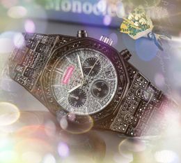 All Dials Work Brand Mens Watches Three Eyes Full Functional Diamonds Ring Clock Stainless Steel Fashion Quartz Waterproof Calendar Watch Montre Femme Reloj Gifts