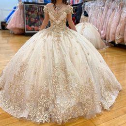 Light Champagne Quinceanera Dresses 2024 V-Neck Off Shoulder Princess Sweet 15 16 Years Old Birthday Prom Party Gown Backless Gala Gift