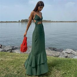 Casual Dresses Cut Out Halter Linen Dress Women Green Ruffle Backless Long Woman Asymmertic Off Shoulder Summer Sexy Party