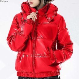 Women's Trench Coats Qingwen 2023 Winter Fashion Short Bright Hooded Cotton-padded Coat Students Casual Slim Thin Warm Jackets