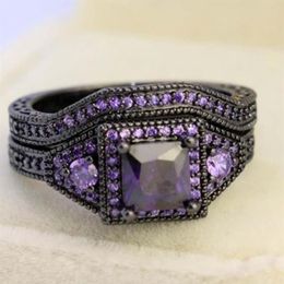 Wedding Rings Creative Fashion Jewellery Princess Cut Purple Zircon Stone Black Filled Ring Set Anniversary259Y