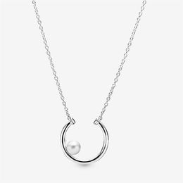 100% 925 Sterling Silver Offset Freshwater Cultured Pearl Circle Necklace Fit European Pendants and Charms Fine Women Wedding Jewe317t