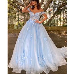 Sky Blue A Line Prom Dresses Princess V Neck Long Sleeves Appliques Sequins Beads Satin Lace Ruffles Sexy Floor Length Party Gowns Plus Size Custom Made 328 328