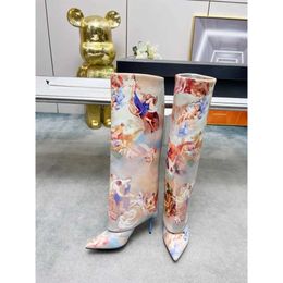 Neue Plateau-bedruckte spitze Zehen-Kniestiefel, 3D-Druck, Stiletto, modische Slip-on-hohe Stiefel, hochwertige Damen-Designer-Jacquard-Schuhe, Größe 35–41