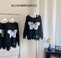 Women's Sweaters Plush Bowknot Lazy Style Sexy Sweater Loose Black Autumn/Winter Design Sense 90S Spicy Girl Y2K Broken Knit Top