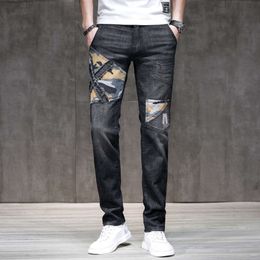 Men Black Jeans Slim Fit Stretch Patchwork Camouflage Print Streetwear Male Denim Pants Motocycle S Clothing Full Trousers