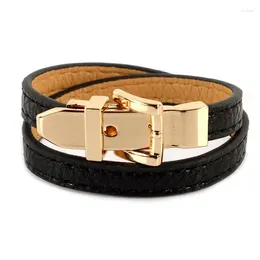 Link Bracelets Luxury Fashion Leather Rivet Single Circle Retro Gold Color Belt Buckle 2 Layer Lock Bangle Women Jewelry High Quality